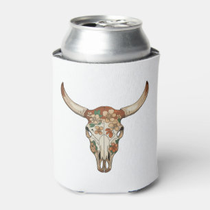 Floral Brushstroke Western Cow Skull Flower Cowboy Can Cooler