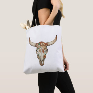 Floral Brushstroke Western Cow Skull Flower Cowboy Tote Bag