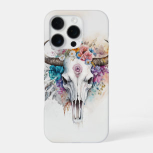 Floral Bull Skull Watercolor Art iPhone 16 Pro Case