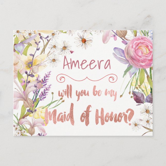 Floral Bunches Maid of Honour Request Postcard (Front)