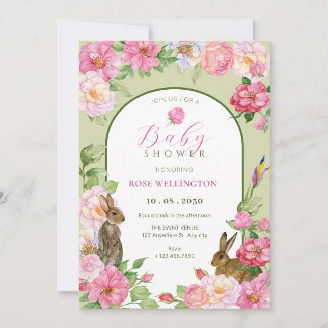 Floral bunny baby shower invitation (Front)