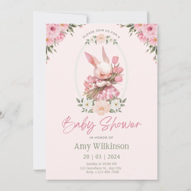 Floral Bunny Babyshower Invitation Preppy  (Front)