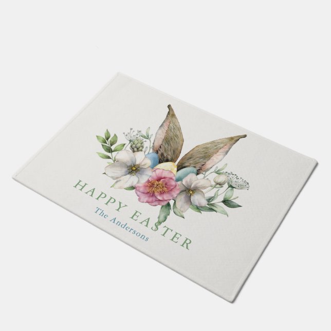 Floral Bunny Ear & Eggs Easter Doormat (Angled)