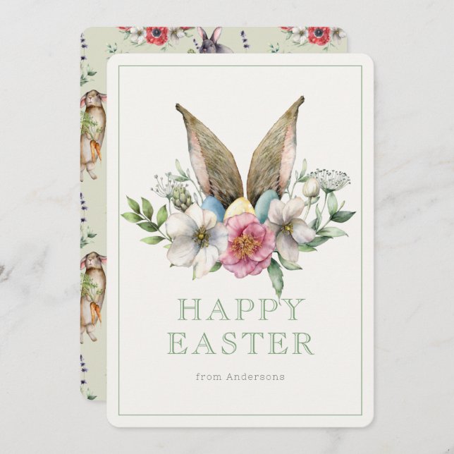 Floral Bunny Ear & Eggs Easter Holiday Card (Front/Back)