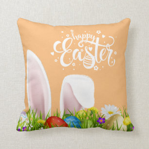 Floral Bunny Ears Happy Easter Throw Pillow