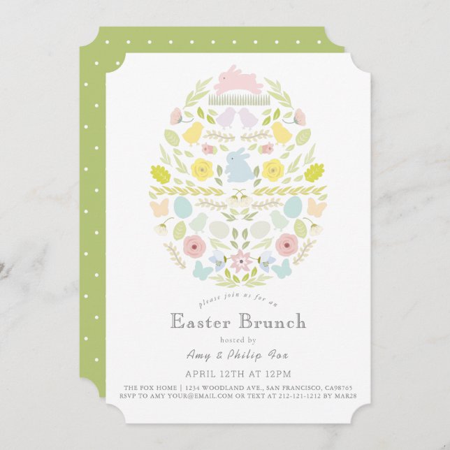 Floral Bunny Easter Egg Green Easter Brunch Invitation (Front/Back)
