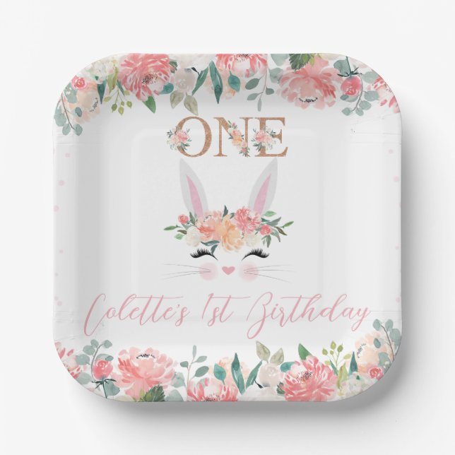 Floral Bunny Face Some Bunny 1st Birthday Paper Plate (Front)