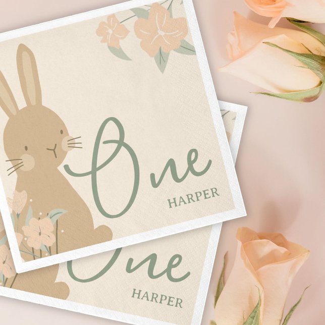 Floral Bunny Girl's Spring 1st Birthday Party Napkin (Creator Uploaded)