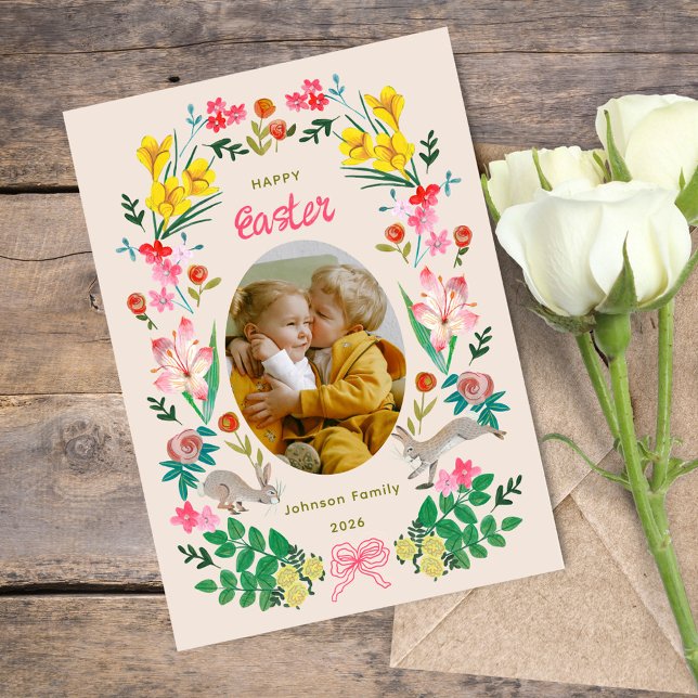 Floral Bunny Happy Easter Family Photo Card (Floral Bunny Happy Easter Family Photo Greeting Card)