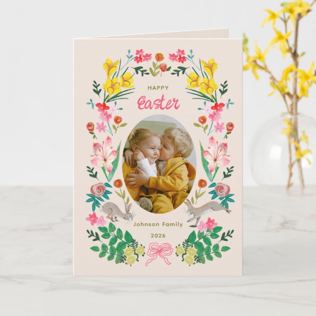 Floral Bunny Happy Easter Family Photo Card (Yellow Flower)