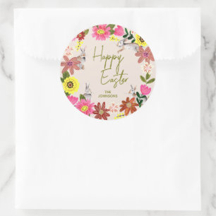 Floral Bunny Happy Easter Spring Gift Classic Round Sticker
