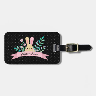 Floral Bunny Pink & Black Custom Name Luggage Tag