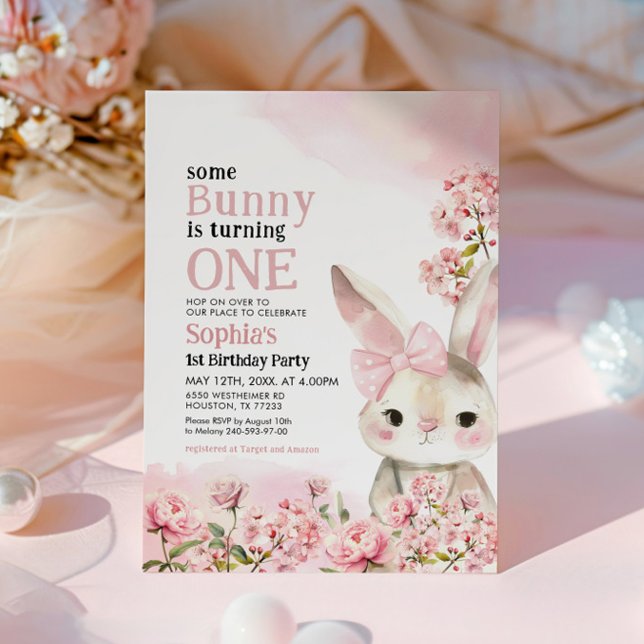 Floral Bunny Rabbit 1st Birthday Invitation (Creator Uploaded)