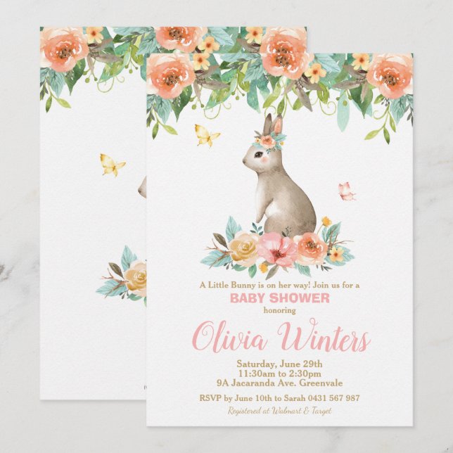 Floral Bunny Rabbit Baby Shower Woodland Baby Girl Invitation (Front/Back)