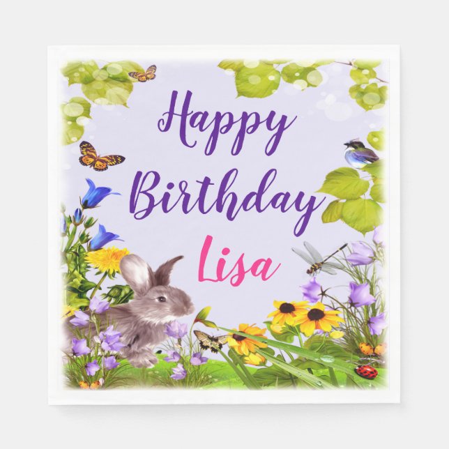 Floral Bunny Rabbit Birthday Party Napkin (Front)