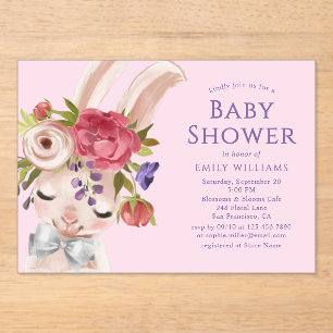 Floral Bunny Rabbit Watercolor Cute Baby Shower Acrylic Invitations