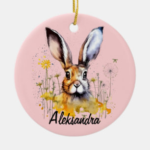 Floral Bunny with Yellow Dandelions Ceramic Tree Decoration