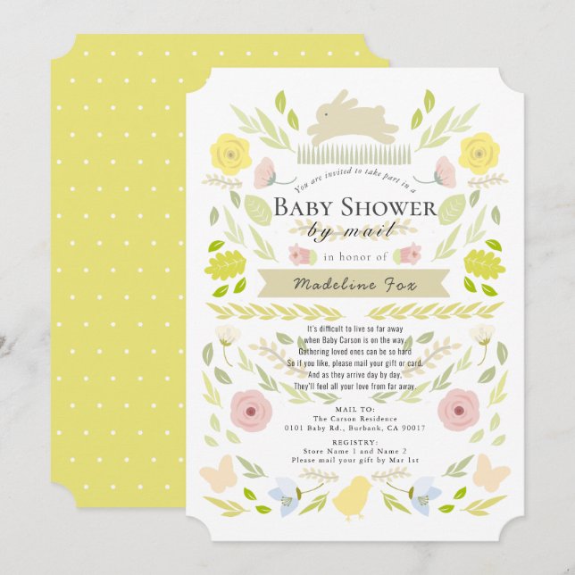 Floral Bunny Yellow Girl Baby Shower by Mail Invitation (Front/Back)