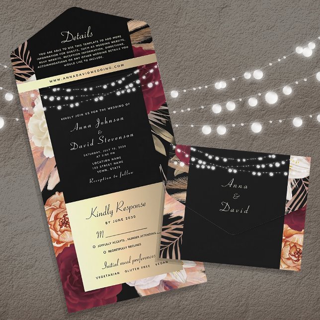 Floral Burgundy and Black Gothic Wedding All In One Invitation (Creator Uploaded)