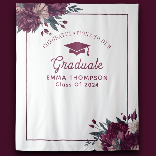 Floral Burgundy And Cream Graduation Backdrop Tapestry (Creator Uploaded)