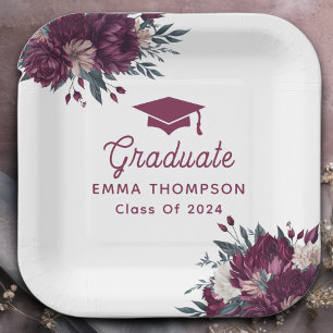 Floral Burgundy And Cream Graduation Class Of 2024 Paper Plate