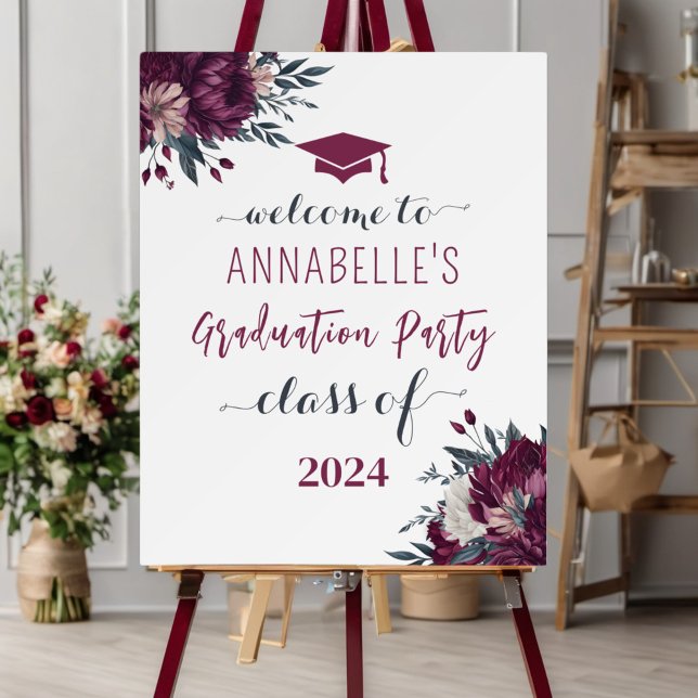 Floral Burgundy And Cream Graduation Welcome Poster (Creator Uploaded)