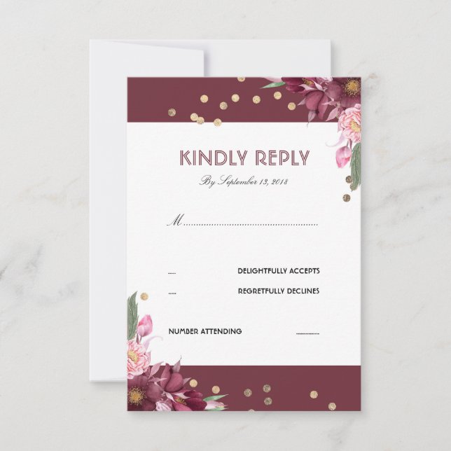 Floral Burgundy and Gold Dots Wedding RSVP Card (Front)
