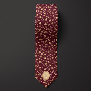Floral Burgundy and Gold Monogram  Tie