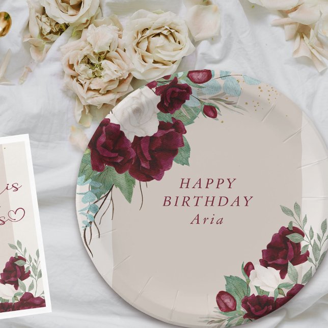 Floral Burgundy and Ivory Roses Personalised Paper Plate (Birthday party plates from my Royal Roses collection
)