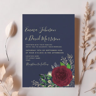 Floral Burgundy and Navy Blue Wedding Invitation