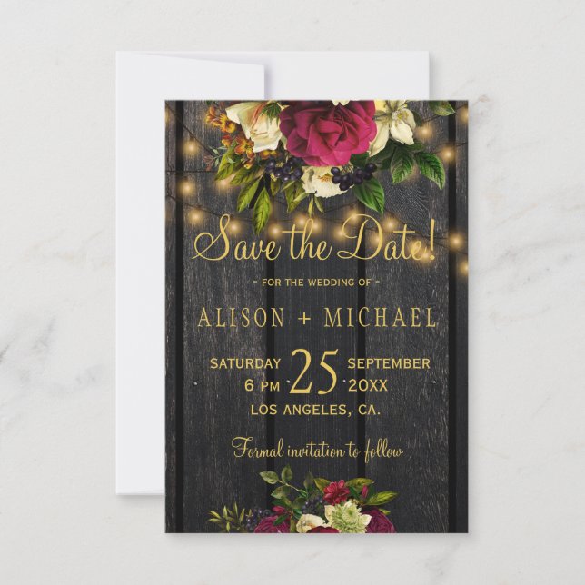 Floral burgundy barn wood save the date wedding (Front)