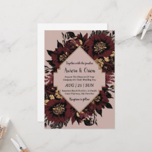 floral burgundy black and gold wedding invitations