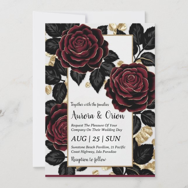 floral burgundy black and gold wedding invitations (Front)
