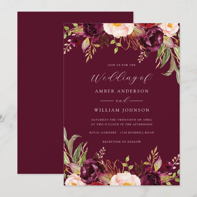 Floral Burgundy Bloom Wedding   Invitation (Front/Back)