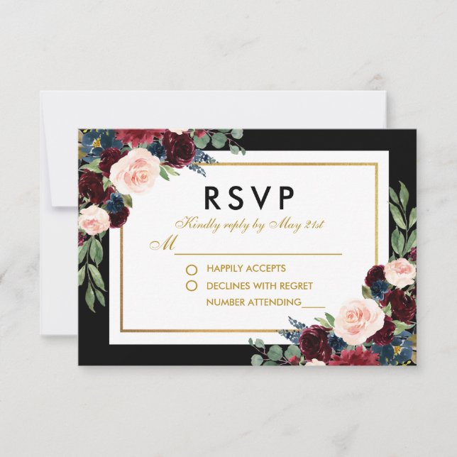 Floral Burgundy Blue Black Gold Wedding RSVP (Front)