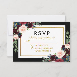 Floral Burgundy Blue Black Gold Wedding RSVP Card