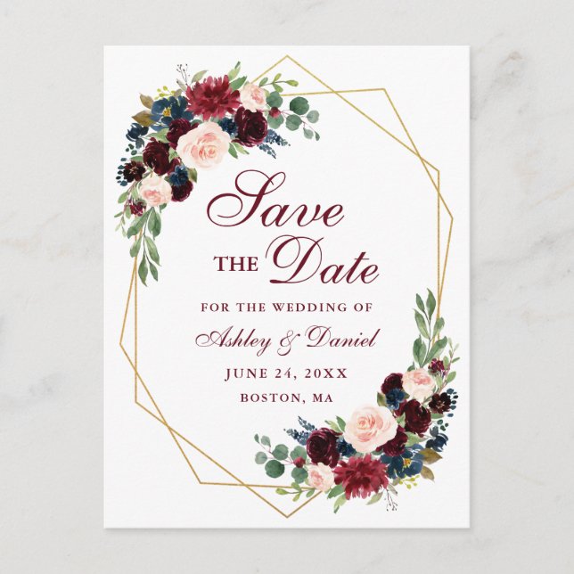 Floral Burgundy Blue Gold Frame Save the Date Announcement Postcard (Front)