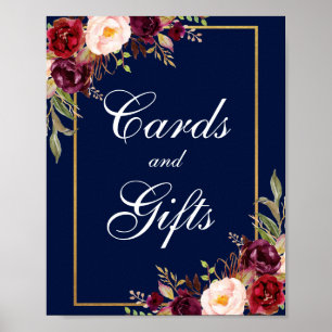 Floral Burgundy Blue Gold Wedding Cards Gifts Poster