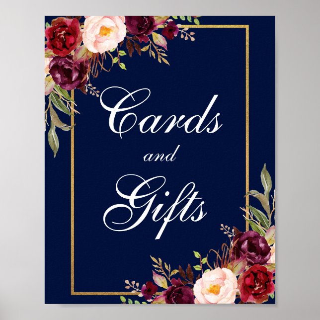 Floral Burgundy Blue Gold Wedding Cards Gifts Poster (Front)