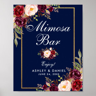 Floral Burgundy Blue Gold Wedding Mimosa Bar Poster