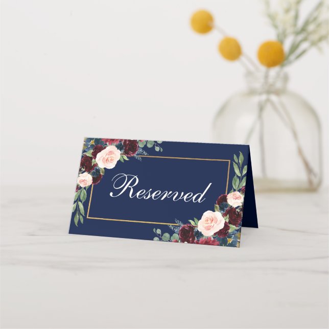 Floral Burgundy Blue Gold Wedding Reserved Place Card (Front)