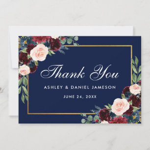 Floral Burgundy Blue Gold Wedding Thank You Card