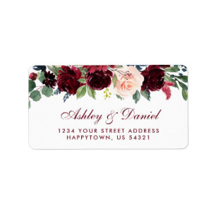 Floral Burgundy Blue Wedding Address Label