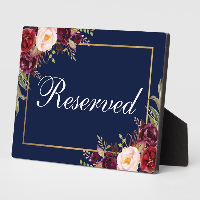 Floral Burgundy Blue Wedding Reserved 5x7 Table Plaque (Side)