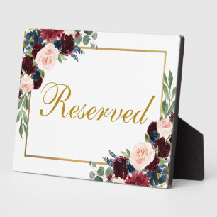 Floral Burgundy Blue Wedding Reserved 5x7 Table Plaque