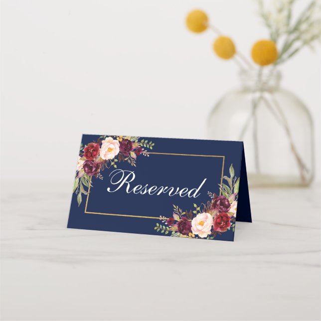 Floral Burgundy Blue Wedding Reserved Place Card (Front)