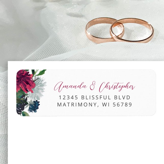 Floral Burgundy Blue Wedding Return Address (Creator Uploaded)