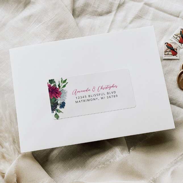 Floral Burgundy Blue Wedding RSVP Address Label (Creator Uploaded)