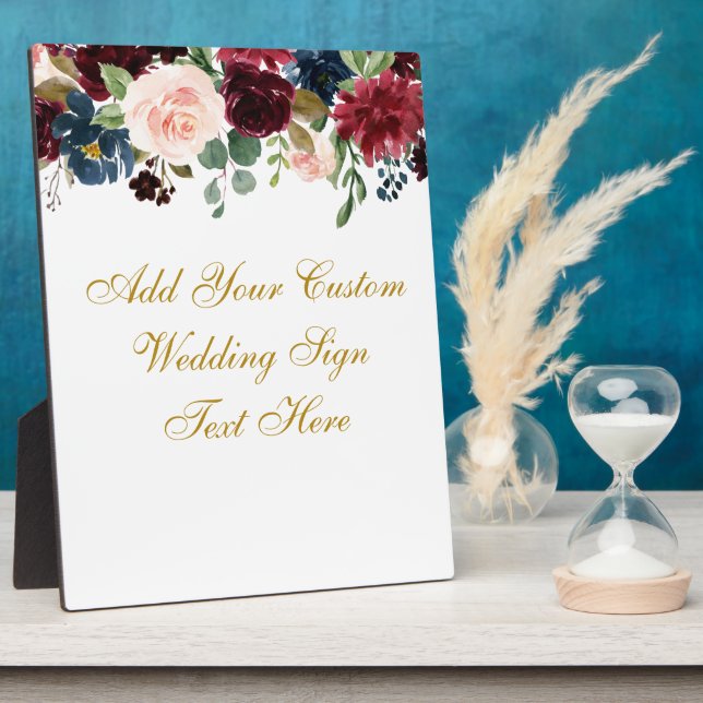 Floral Burgundy Blue Your Text Wedding Table Plaque (Side)