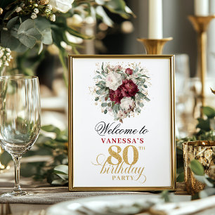 Floral Burgundy Blush 80th Birthday Tabletop Poster
